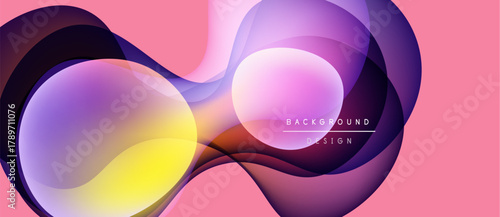Abstract fluid shapes overlap, creating vibrant color gradients. Pink backdrop enhances dynamic visual effect. Modern design element.