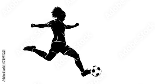Dynamic silhouette of a female soccer player kicking the ball with power and precision, perfect for sports brands and athletic campaigns showcasing skill