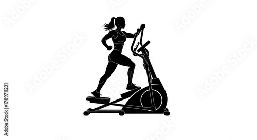 Fitness lifestyle with silhouette of woman working out on elliptical machine for cardio training and weight loss goals in stunning black and white graphic