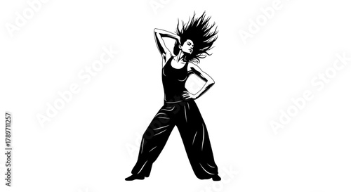 Dynamic dancer strikes a pose with flowing hair, perfect for fitness, dance, or wellness campaigns, expressing freedom, energy, and modern style