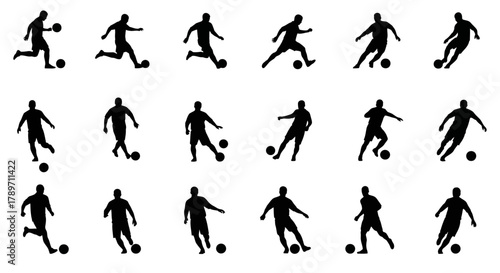 Dynamic soccer player silhouettes skillfully dribbling with passion, ideal for sports branding, fitness campaigns, or athletic designs that inspire action