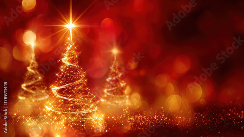 Glowing christmas tree sparkle with magic gold light on festive red holiday background. bright winter celebration with an abstract bokeh effect