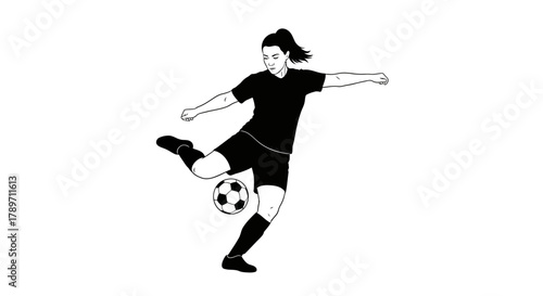 Dynamic female athlete powerfully kicks soccer ball with focused determination on white background, capturing movement and athleticism