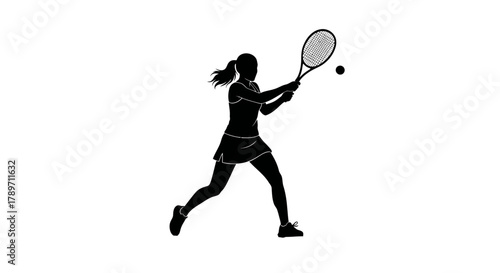 Dynamic female tennis player powerfully swings racket striking ball during intense match competition