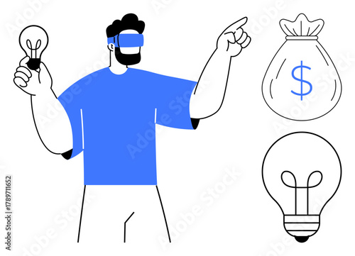 Man in VR headset holding a lightbulb, pointing toward a money sack. Ideal for innovation, technology, finance, virtual reality, creativity, entrepreneurship futuristic concepts. Minimalist flat