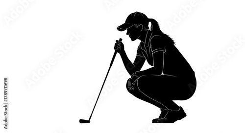 Focused female golfer in silhouette assessing the course, visualizing her winning shot, ready to drive for success on the green, strategic and determined