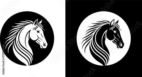 Logo Elegant Horse Head Silhouette in Circular Design, Black and White Yin Yang Style