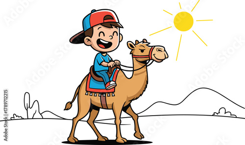 Joyful child riding camel with red saddle in sunny desert with hills, cactus, and bright sun, perfect for travel themes