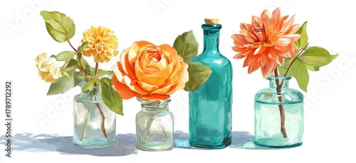Floral Still Life in Teal and Orange Vases