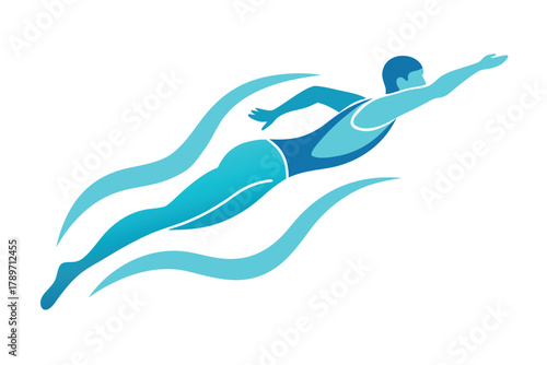 Stylized swimmer in blue water waves