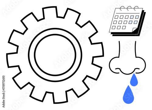 Gear indicating productivity, calendar for scheduling, nose with droplets symbolizing health issues or allergies. Ideal for productivity, wellness, work-life balance, time management, healthcare