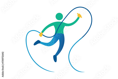 Stylized figure jumping rope with blue cord