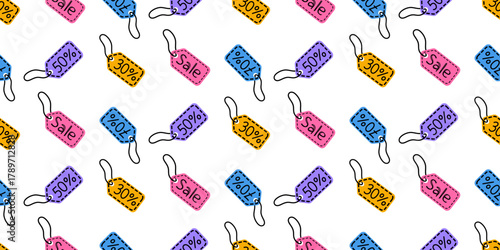 Colorful discount tags in a repeated pattern on a white background for a vibrant sale promotion