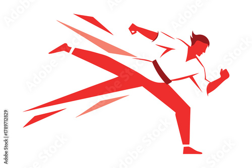 Dynamic red silhouette of a martial artist performing a high kick
