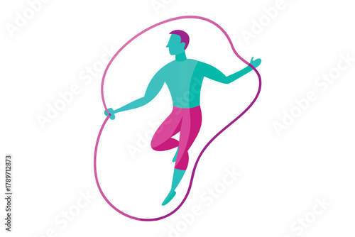 Stylized person jumping rope with a pink rope