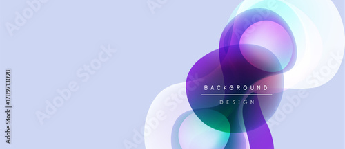Abstract fluid shapes overlap, creating vibrant purple, blue gradients. Soft light background enhances modern design aesthetic.
