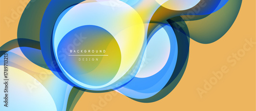 Abstract fluid shapes overlap, creating dynamic composition. Yellow, blue, green hues blend seamlessly on beige backdrop. Modern design element.