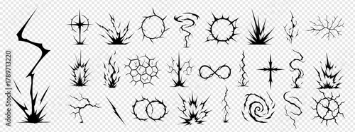 Manga thunder effect set of comic bolt lightning vector silhouettes. Manga thunder pack forms crack circles, spiral bg, storm burst and attack ray. Isolated icons for game, vfx or cartoon.