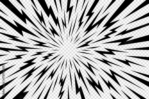 Manga thunder background frames anime comic line spikes radiating in radial perspective with transparent bg. Manga thunder vector art works for motion effect, abstract shock burst, or pop action frame