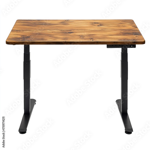 Modern adjustable height desk with rustic brown top for office use