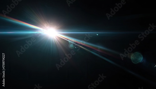 Intense light burst, lens flare, vibrant colors against black backdrop
