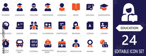A comprehensive set of educational vector icons including students, books, teachers, and classrooms. Perfect for schools, e-learning platforms, and academic presentations.