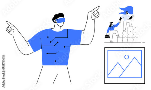 Individual wearing advanced VR headset with circuit design, team collaboration atop blocks with flag, photo frame symbolizing artistry. Ideal for technology, teamwork, innovation, creativity