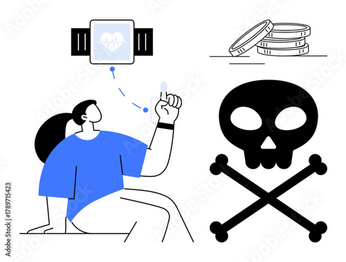 Wearable tech tracks health as user interacts with device. Skull and crossbones imply risks. Coins suggest associated costs. Ideal for health tech, safety concerns, medical risks, digital devices