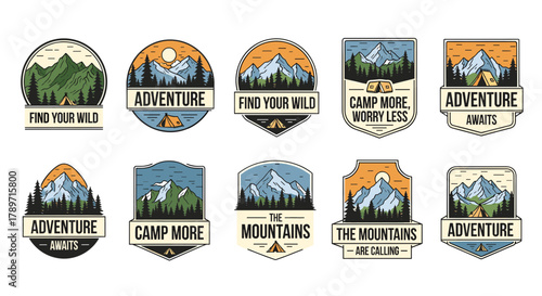A collection of ten vintage-style logo badges for outdoor adventure, camping, and mountain exploration.