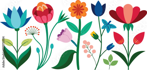 Colorful stylized flat vector flower garden illustration. vibrant blooming spring and summer floral collection.