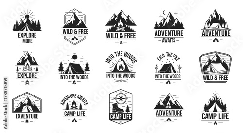 A collection of fifteen vintage monochrome logos and badges for camping, hiking, and outdoor adventure.