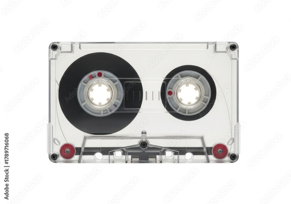 Fototapeta premium A clear plastic audio cassette tape, isolated on transparent background