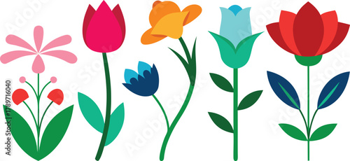 Vibrant modern floral design elements collection with various blooming flowers and green stems on a clean white background.