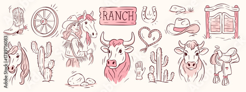 A cowgirl western pink illustration set with a horse, hat, and ranch details drawn in a whimsical vintage style. A cowgirl western vector set for a bachelorette theme, retro country or desert design.