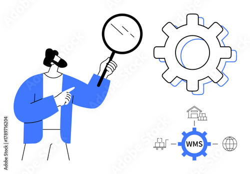 Man examining warehouse management system depicted by gear, logistics icons, and a flow diagram. Ideal for productivity, efficiency, logistics, supply chain, management, workflow process