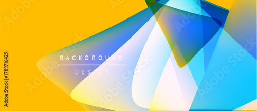 Abstract geometric shapes overlap, creating vibrant color gradients. Yellow background provides strong contrast. Modern design element.