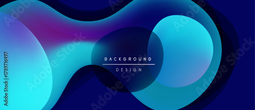 Abstract fluid shapes overlap, creating vibrant blue, purple gradients. Dark background emphasizes flowing design elements. Minimalist text reads background design.