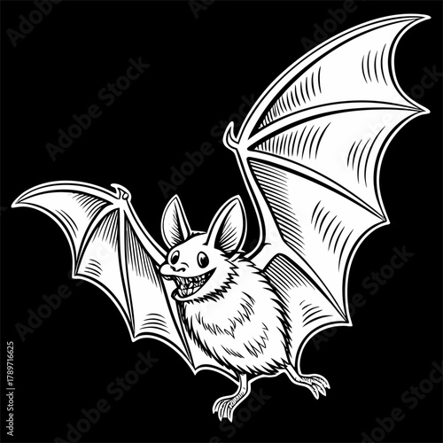 A monochrome, linework illustration of a bat with its wings spread wide. The bat is centered in the image, facing the viewer directly. Its body is small and rounded, with short, clawed feet. The wings