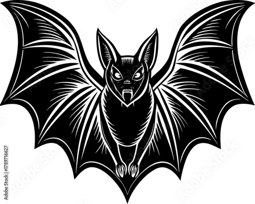 A monochrome, linework illustration of a bat with its wings spread wide. The bat is centered in the image, facing the viewer directly. Its body is small and rounded, with short, clawed feet. The wings