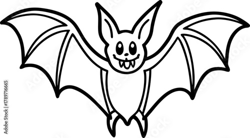 A monochrome, linework illustration of a bat with its wings spread wide. The bat is centered in the image, facing the viewer directly. Its body is small and rounded, with short, clawed feet. The wings