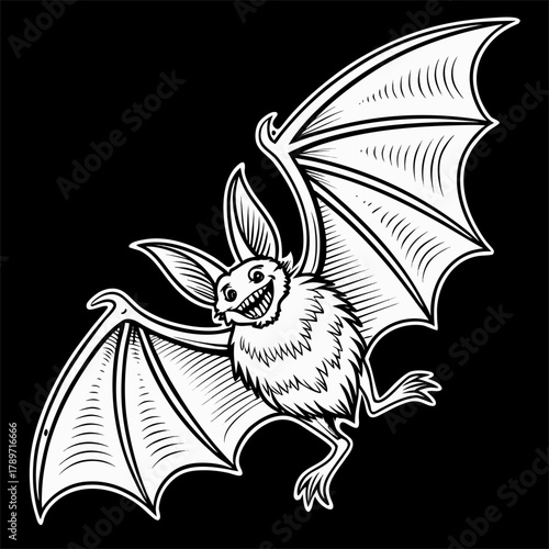 A monochrome, linework illustration of a bat with its wings spread wide. The bat is centered in the image, facing the viewer directly. Its body is small and rounded, with short, clawed feet. The wings