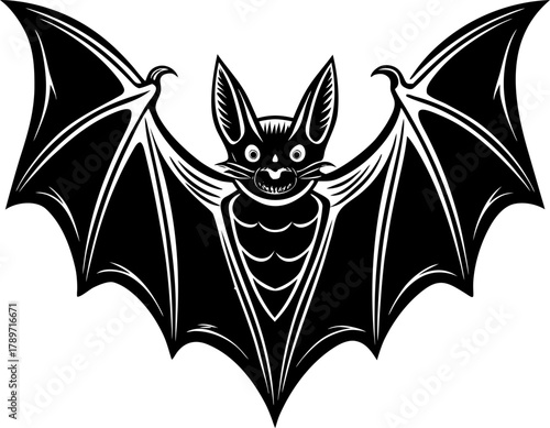 A monochrome, linework illustration of a bat with its wings spread wide. The bat is centered in the image, facing the viewer directly. Its body is small and rounded, with short, clawed feet. The wings