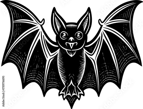 A monochrome, linework illustration of a bat with its wings spread wide. The bat is centered in the image, facing the viewer directly. Its body is small and rounded, with short, clawed feet. The wings