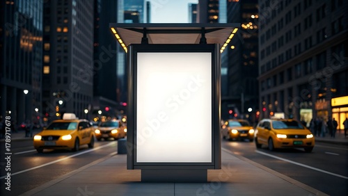 Blank advertising light box on bus stop, mockup of empty ad billboard on night bus station, template banner on background city street for poster or sign, afisha board and headlights of taxi cars.