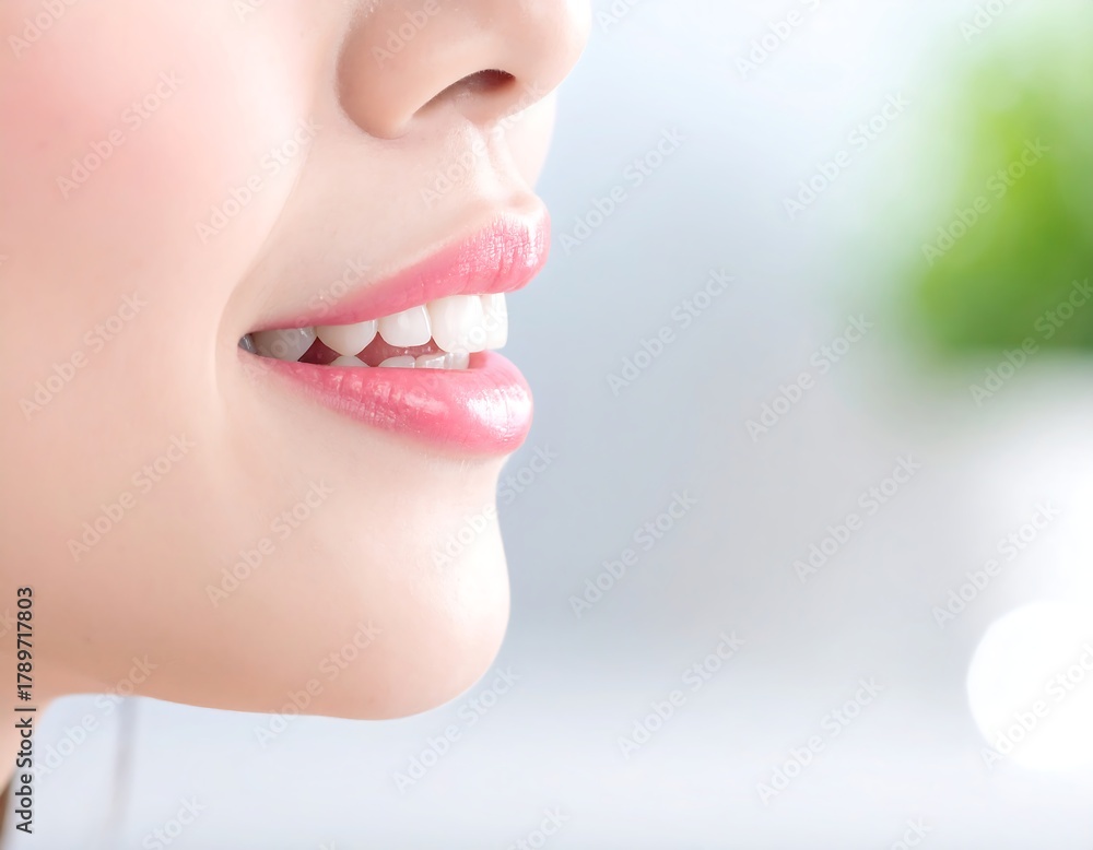 Obraz premium Close-up of a smiling mouth with bright teeth and pink lips