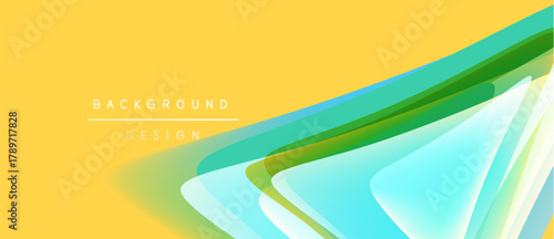 Abstract yellow background features flowing, translucent shapes. Green, blue hues create dynamic visual effect. Modern design element.