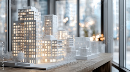 White model city, lit windows