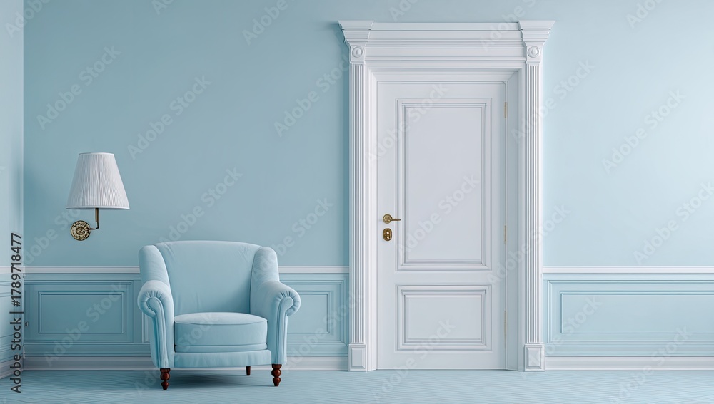 Fototapeta premium Light blue room with armchair and door