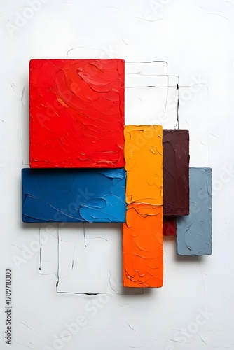 Abstract color block painting with textured surfaces and minimalist design elements on white wall