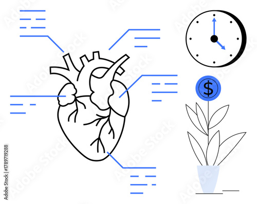 Medical heart diagram with annotations, clock for time, plant with dollar icon representing growth. Ideal for health, time management, finances, medical education, cardiology, sustainability simple